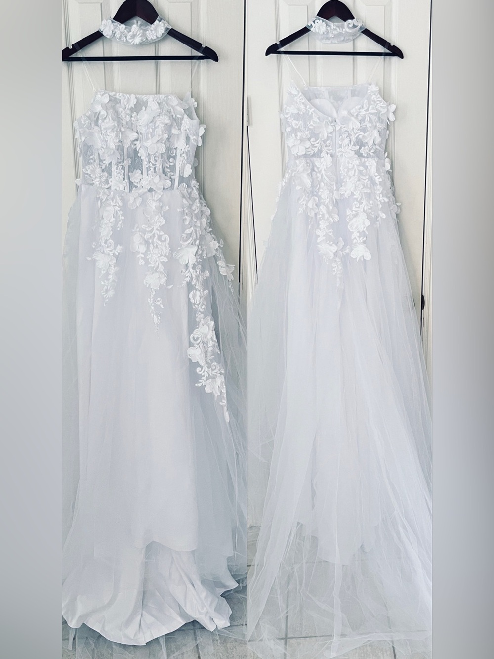 Elegant White Floral Appliqué Wedding Dress with Detachable Choker